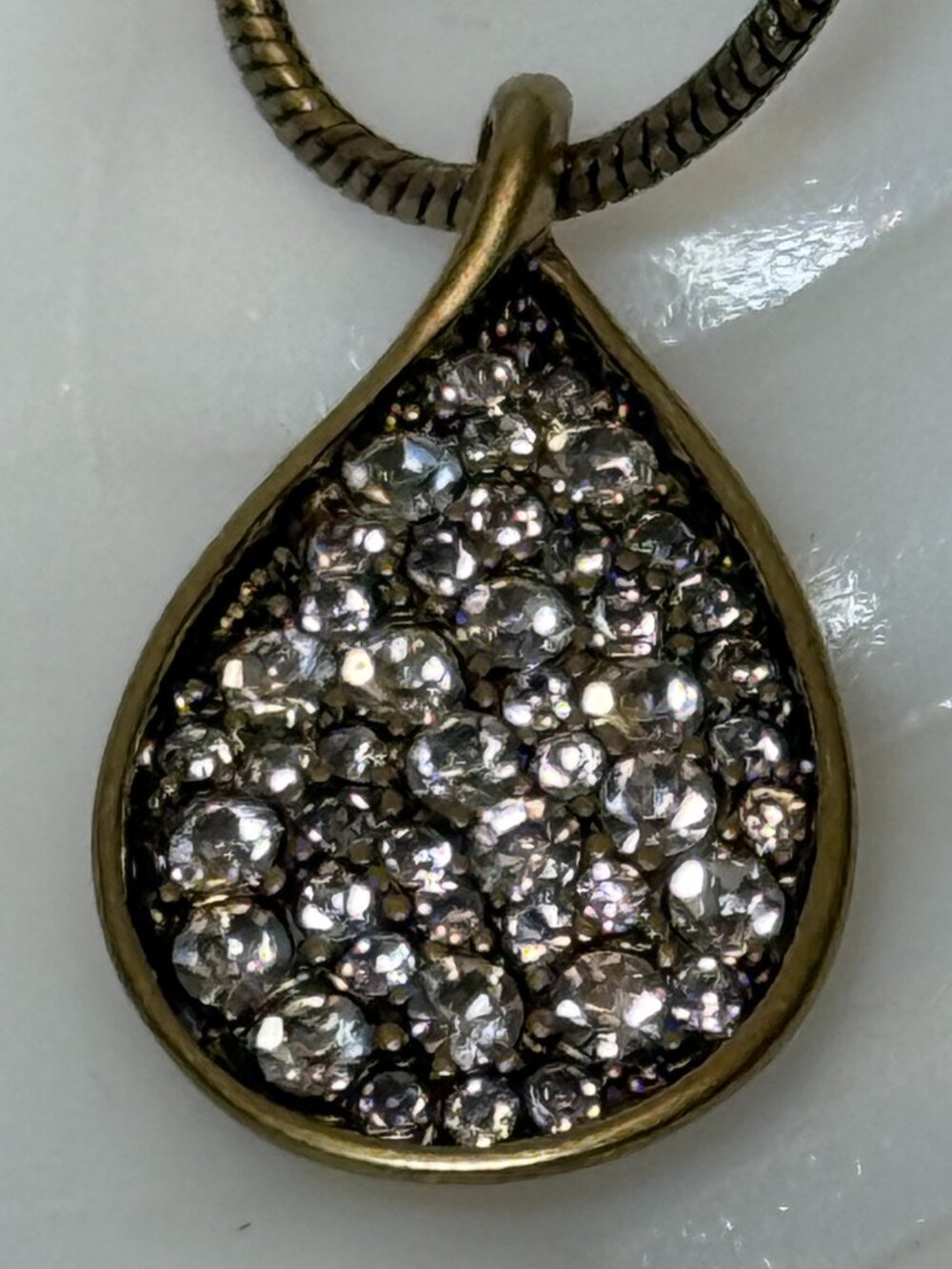 Teardrop Antiqued Gold Toned Necklace Faux Diamond CZ Clear Gems